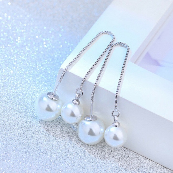 NEW Double Faux Pearl Threader 4" Hanging Elegant Earrings - Picture 1 of 5